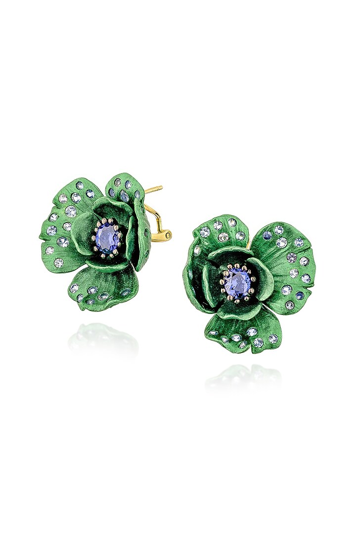 White Rhodium Finish Cubic Zirconia & Green Stone Floral Stud Earrings In Sterling Silver by MISS JO at Pernia's Pop Up Shop