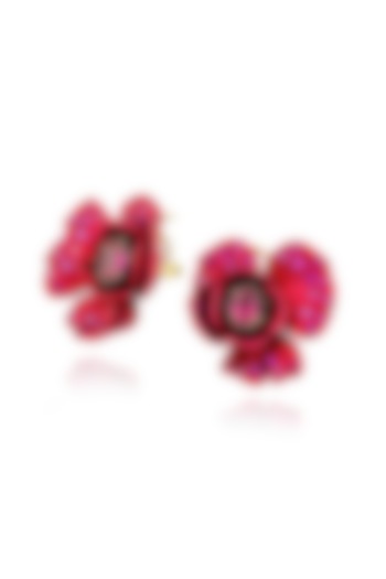 Gold Finish Cubic Zirconia & Red Stone Floral Stud Earrings In Sterling Silver by MISS JO at Pernia's Pop Up Shop
