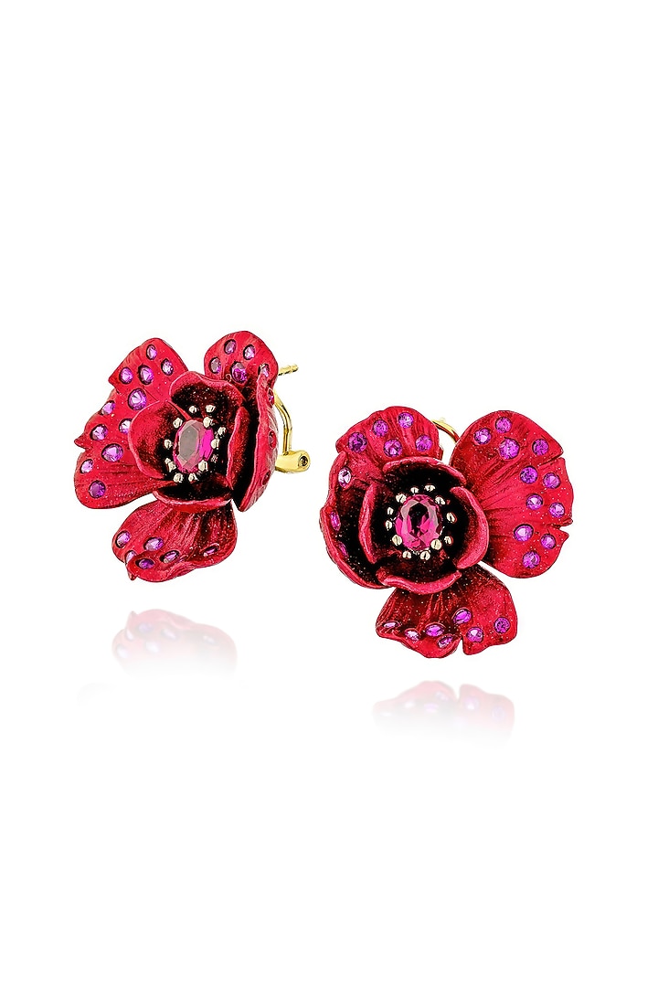 Gold Finish Cubic Zirconia & Red Stone Floral Stud Earrings In Sterling Silver by MISS JO at Pernia's Pop Up Shop