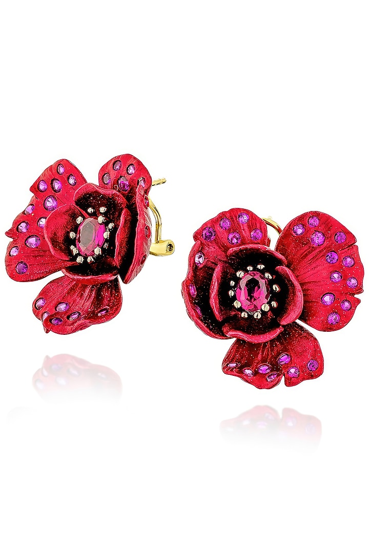 Gold Finish Cubic Zirconia & Red Stone Floral Stud Earrings In Sterling Silver by MISS JO at Pernia's Pop Up Shop