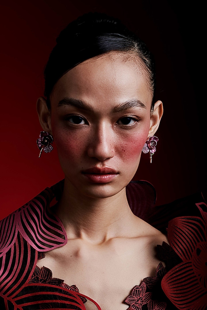 Rose Gold Finish Cubic Zirconia & Pink Stone Enameled Stud Earrings In Sterling Silver by MISS JO at Pernia's Pop Up Shop