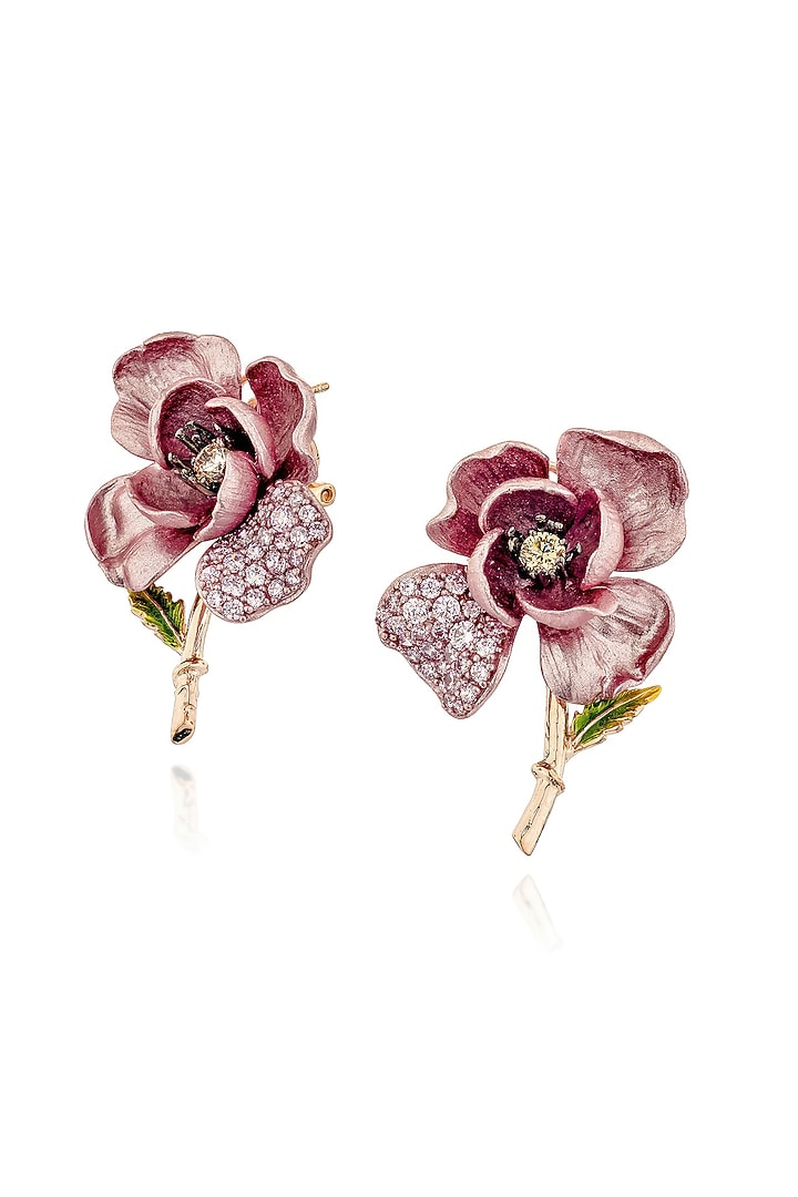 Rose Gold Finish Cubic Zirconia & Pink Stone Enameled Stud Earrings In Sterling Silver by MISS JO at Pernia's Pop Up Shop