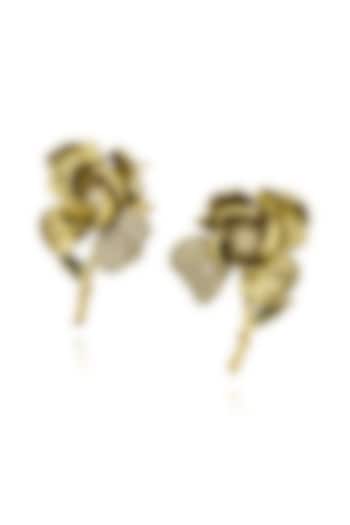 Gold Finish Cubic Zirconia & Champagne Stone Enameled Stud Earrings In Sterling Silver by MISS JO at Pernia's Pop Up Shop