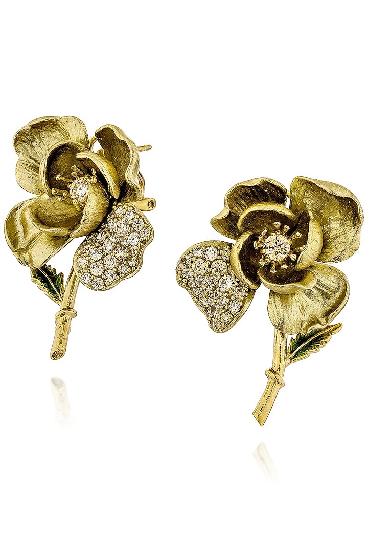 Gold Finish Cubic Zirconia & Champagne Stone Enameled Stud Earrings In Sterling Silver by MISS JO at Pernia's Pop Up Shop