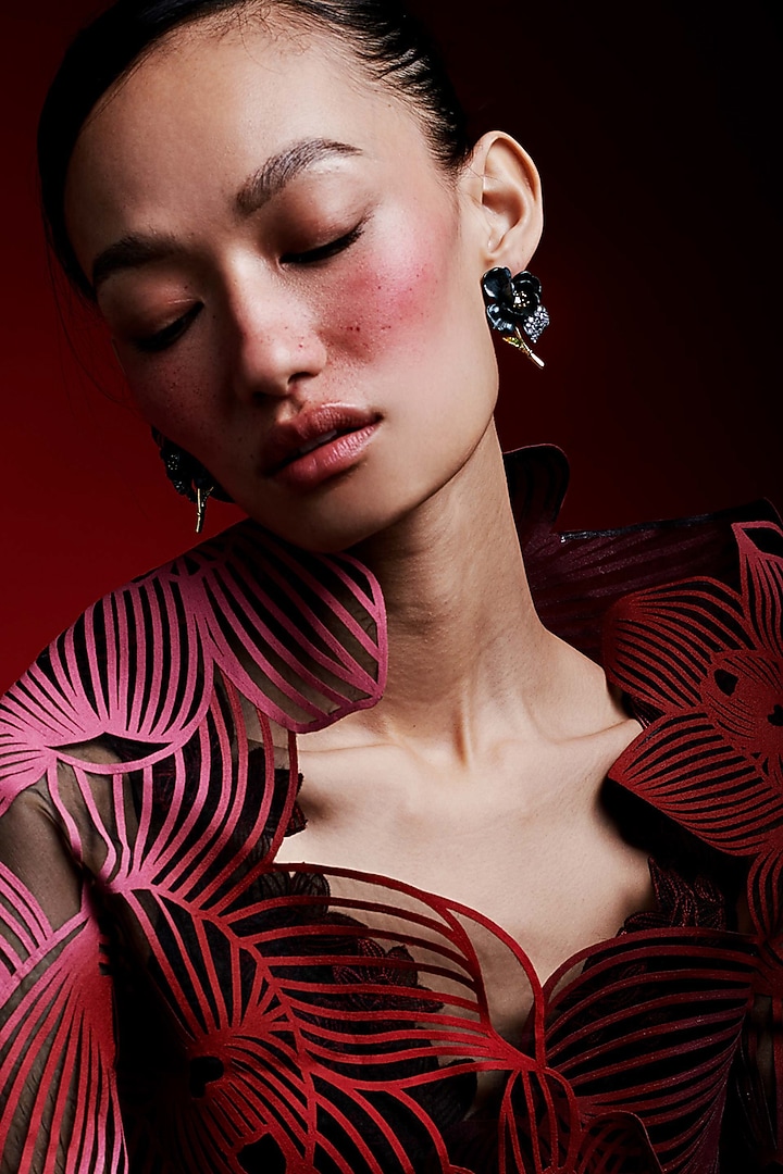 Gold Finish Cubic Zirconia & White Stone Enameled Stud Earrings In Sterling Silver by MISS JO at Pernia's Pop Up Shop