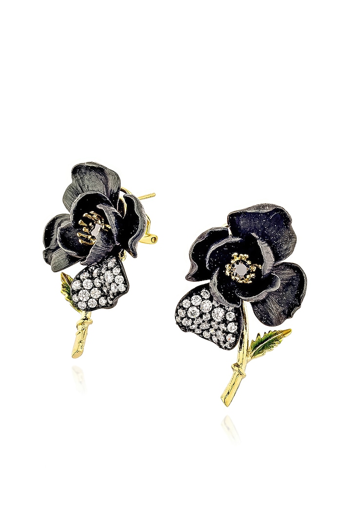 Gold Finish Cubic Zirconia & White Stone Enameled Stud Earrings In Sterling Silver by MISS JO at Pernia's Pop Up Shop