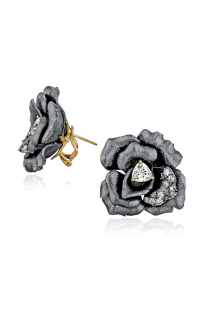 Gold Finish Cubic Zirconia & Black Stone Floral Stud Earrings In Sterling Silver by MISS JO at Pernia's Pop Up Shop