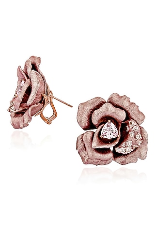 Rose Gold Finish Cubic Zirconia & Pink Stone Floral Stud Earrings In Sterling Silver by MISS JO