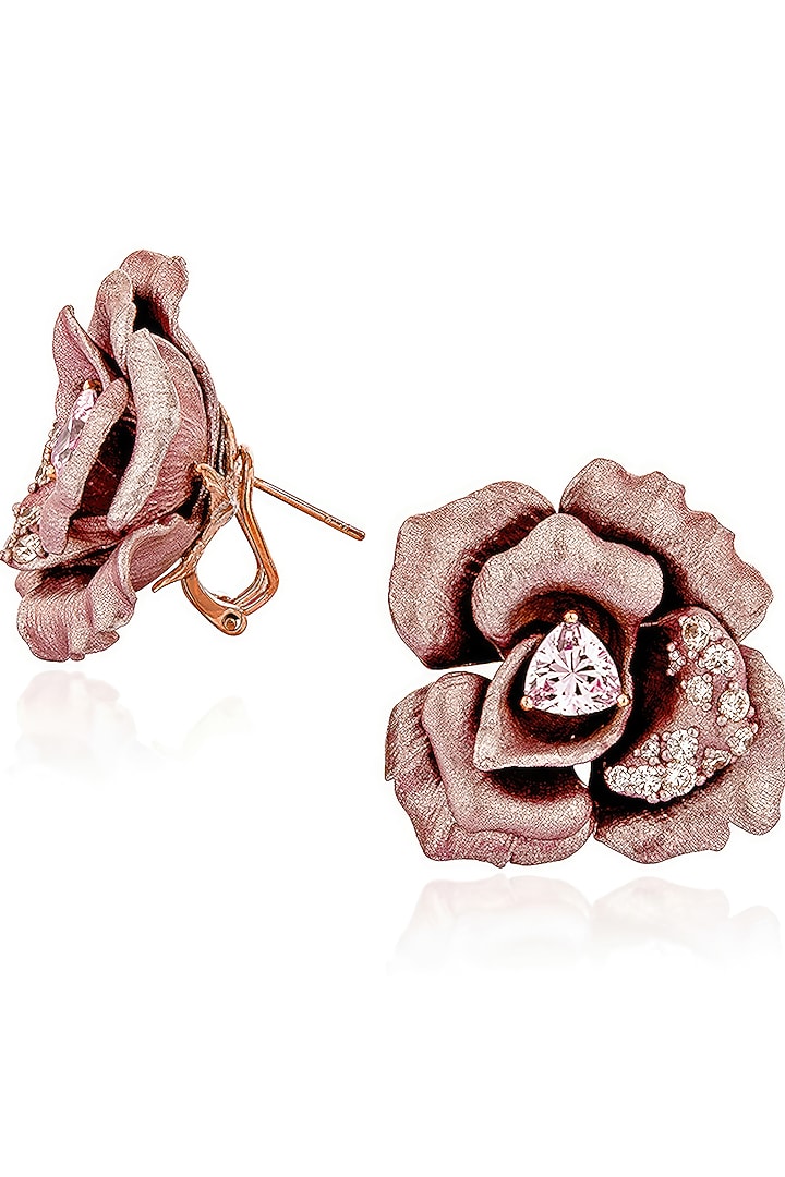 Rose Gold Finish Cubic Zirconia & Pink Stone Floral Stud Earrings In Sterling Silver by MISS JO at Pernia's Pop Up Shop