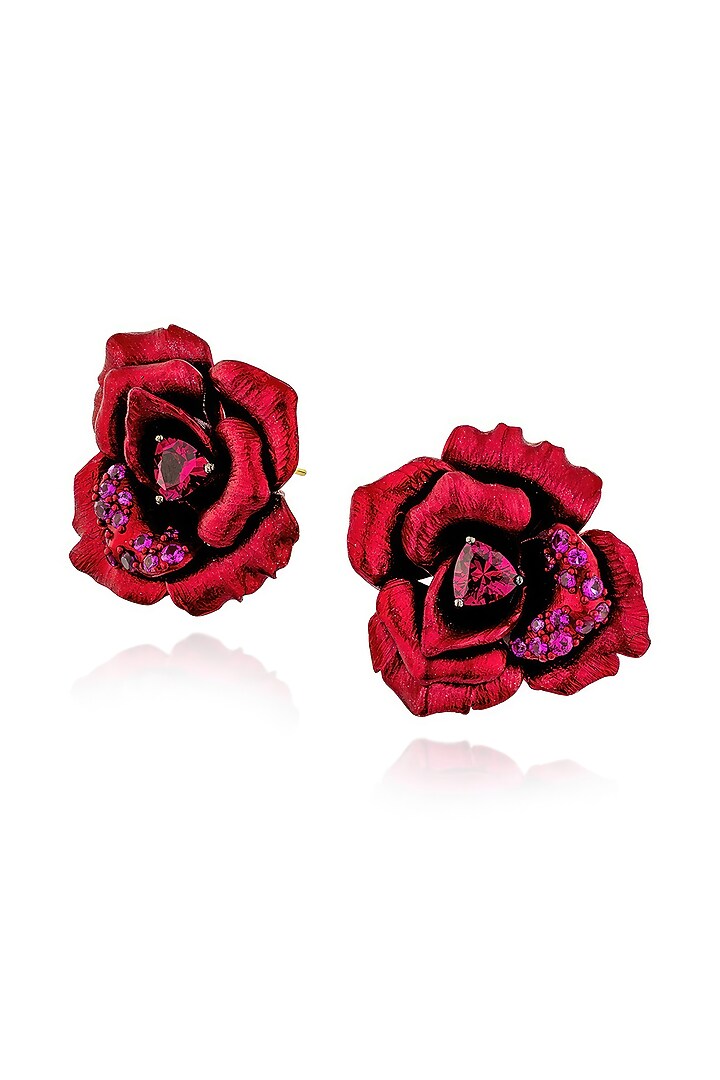 Gold Finish Cubic Zirconia & Red Stone Floral Stud Earrings In Sterling Silver by MISS JO at Pernia's Pop Up Shop