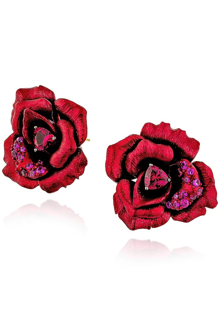 Gold Finish Cubic Zirconia & Red Stone Floral Stud Earrings In Sterling Silver by MISS JO at Pernia's Pop Up Shop