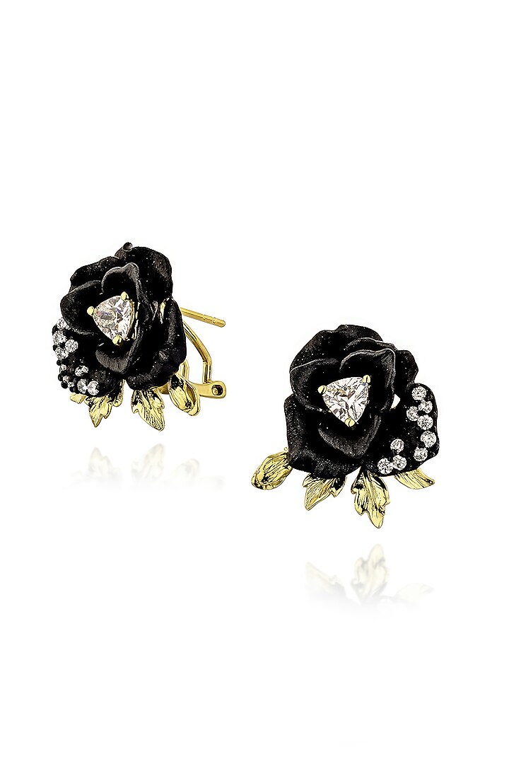 Gold Finish Cubic Zirconia & White Stone Enameled Floral Stud Earrings In Sterling Silver by MISS JO at Pernia's Pop Up Shop