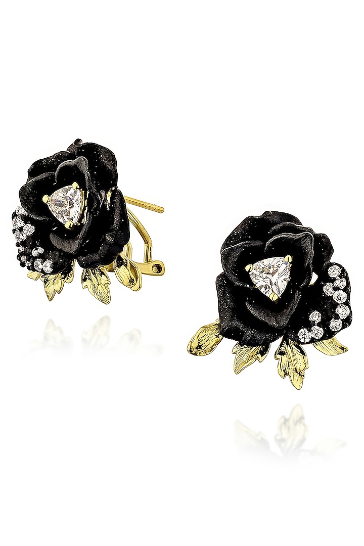 Gold Finish Cubic Zirconia & White Stone Enameled Floral Stud Earrings In Sterling Silver by MISS JO at Pernia's Pop Up Shop