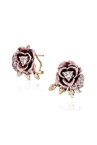 Rose Gold Finish Cubic Zirconia & Pink Stone Enameled Floral Stud Earrings In Sterling Silver by MISS JO