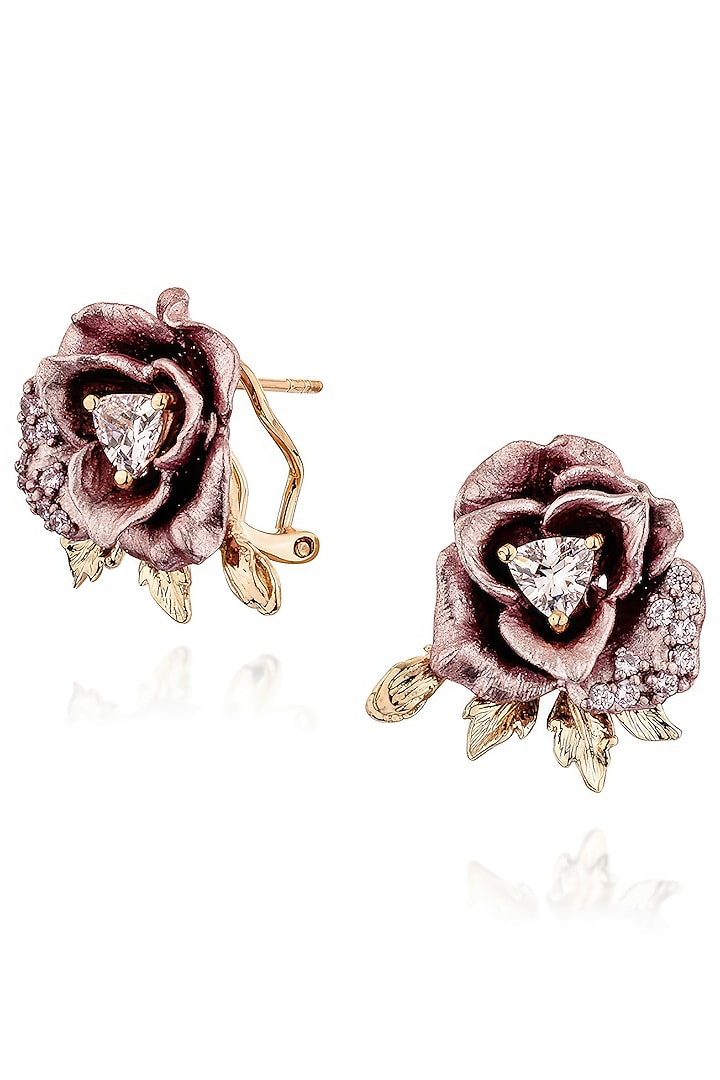 Rose Gold Finish Cubic Zirconia & Pink Stone Enameled Floral Stud Earrings In Sterling Silver by MISS JO at Pernia's Pop Up Shop
