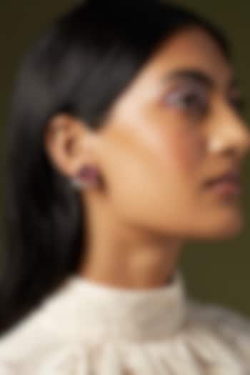 Gold Finish Cubic Zirconia & Red Stone Enameled Floral Stud Earrings In Sterling Silver by MISS JO at Pernia's Pop Up Shop