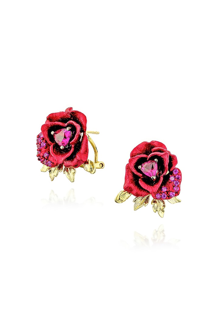 Gold Finish Cubic Zirconia & Red Stone Enameled Floral Stud Earrings In Sterling Silver by MISS JO at Pernia's Pop Up Shop