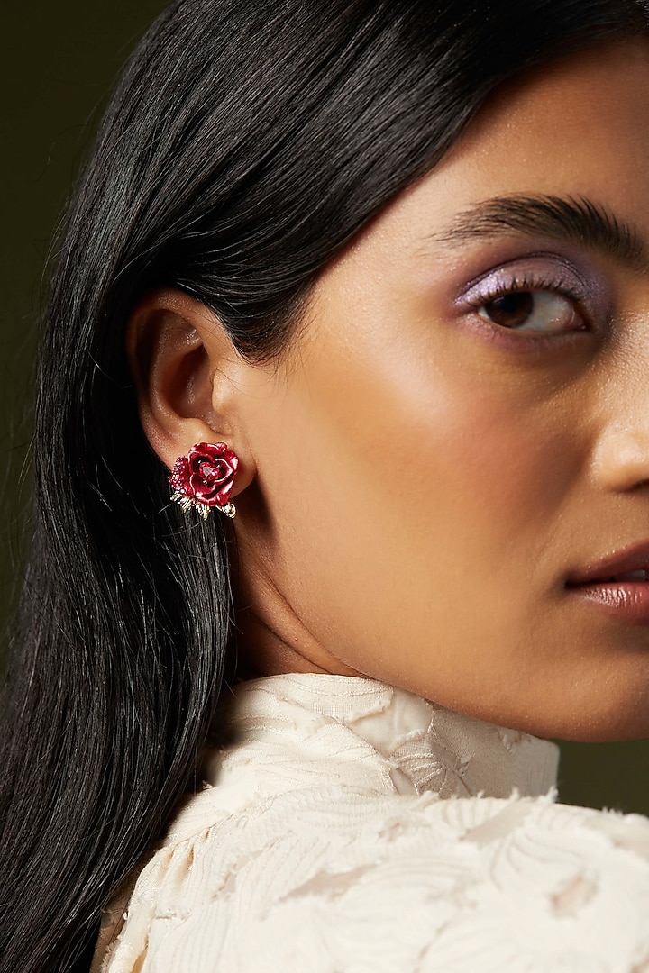 Gold Finish Cubic Zirconia & Red Stone Enameled Floral Stud Earrings In Sterling Silver by MISS JO at Pernia's Pop Up Shop