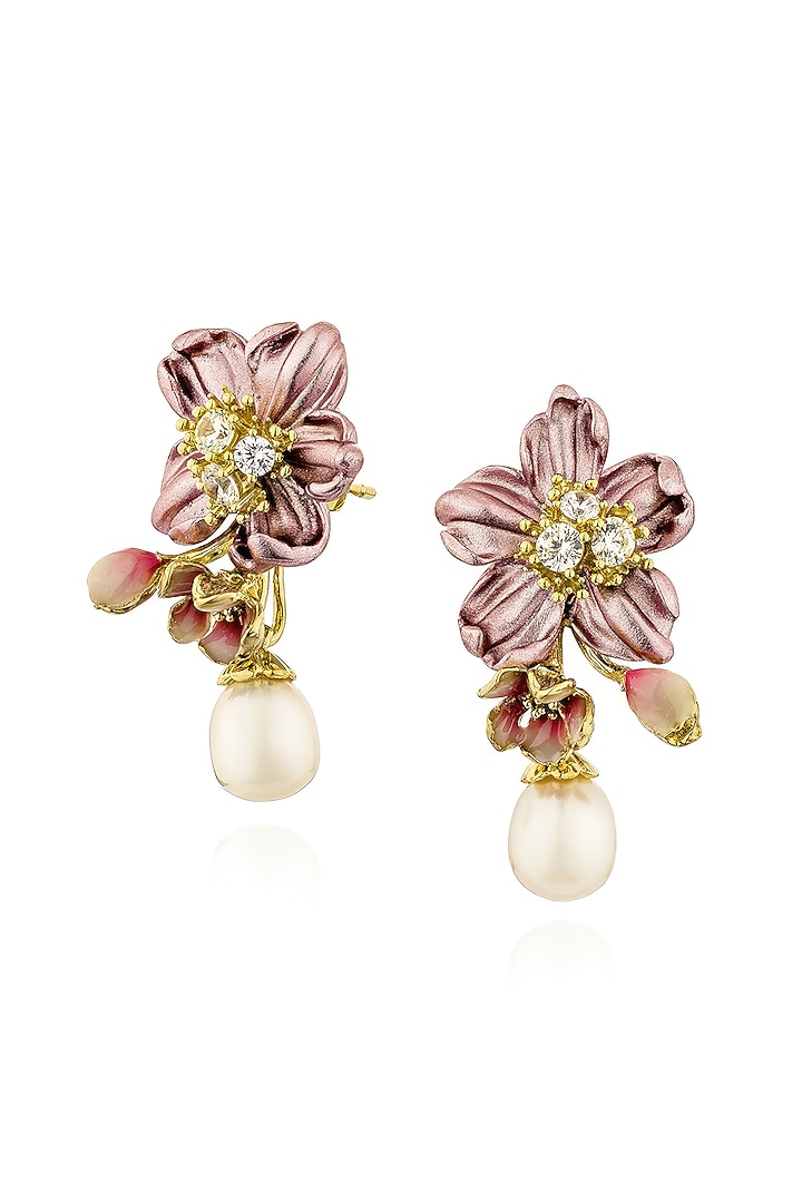 Gold Finish Cubic Zirconia & White Stone Teardrop Stud Earrings In Sterling Silver by MISS JO at Pernia's Pop Up Shop