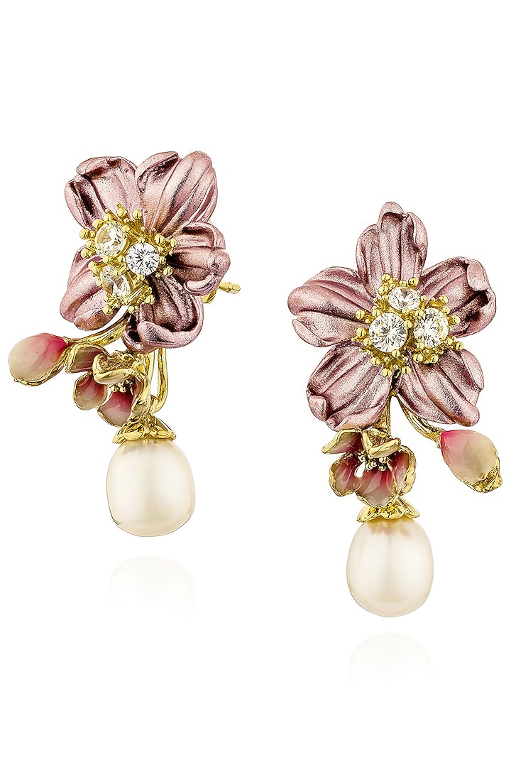 Gold Finish Cubic Zirconia & White Stone Teardrop Stud Earrings In Sterling Silver by MISS JO at Pernia's Pop Up Shop
