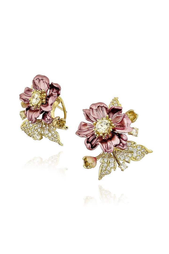 Gold Finish Cubic Zirconia & Canary Stone Stud Earrings In Sterling Silver by MISS JO at Pernia's Pop Up Shop