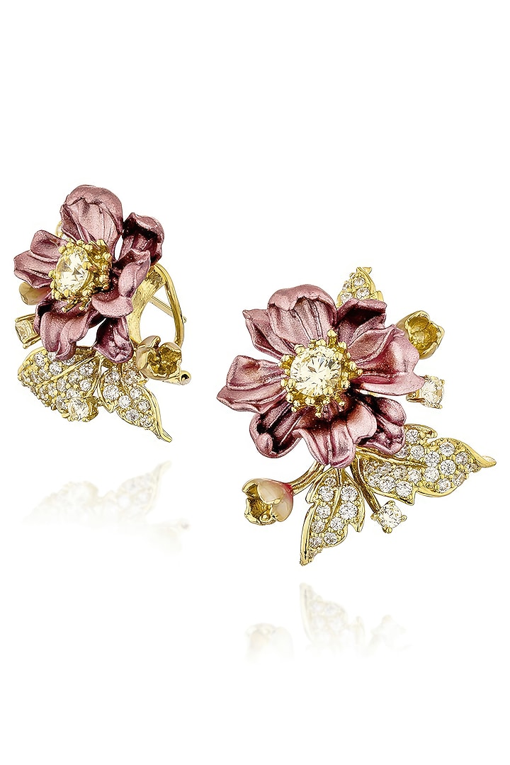Gold Finish Cubic Zirconia & Canary Stone Stud Earrings In Sterling Silver by MISS JO at Pernia's Pop Up Shop