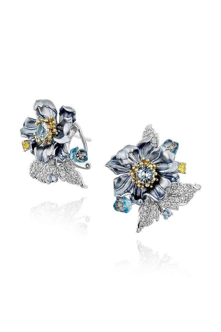 White Rhodium Finish Cubic Zirconia & Blue Topaz Stone Stud Earrings In Sterling Silver by MISS JO at Pernia's Pop Up Shop
