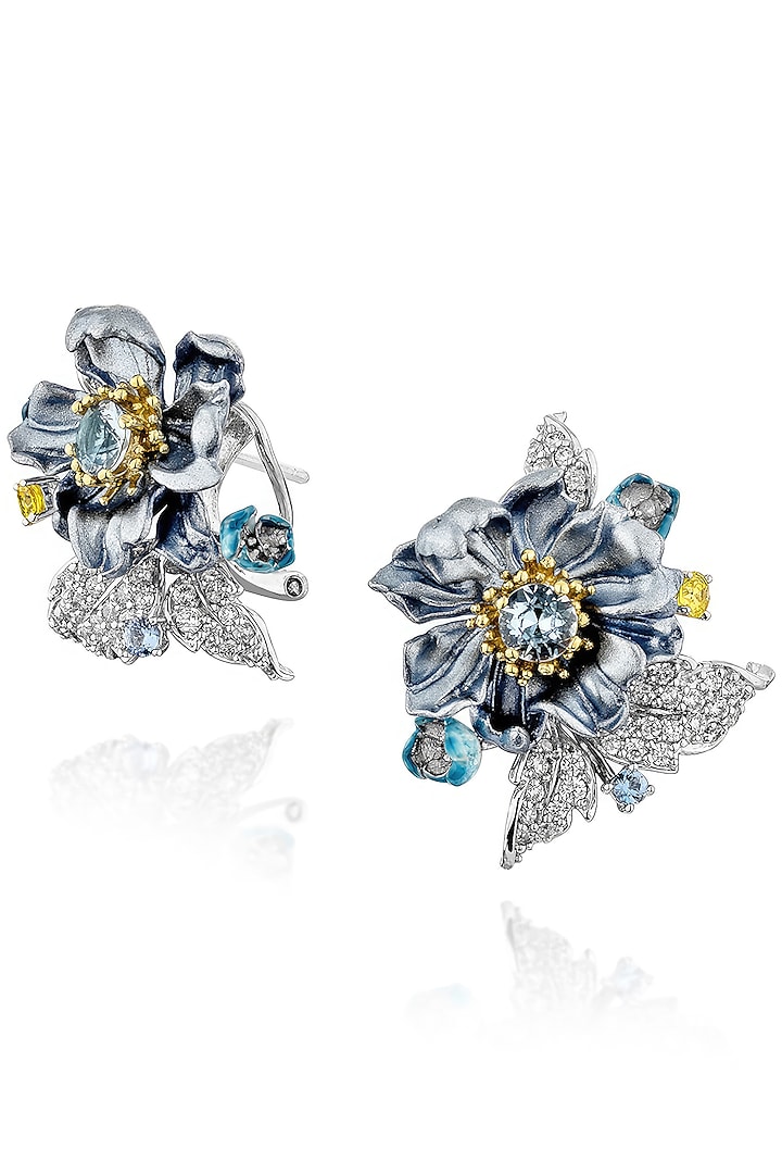 White Rhodium Finish Cubic Zirconia & Blue Topaz Stone Stud Earrings In Sterling Silver by MISS JO at Pernia's Pop Up Shop