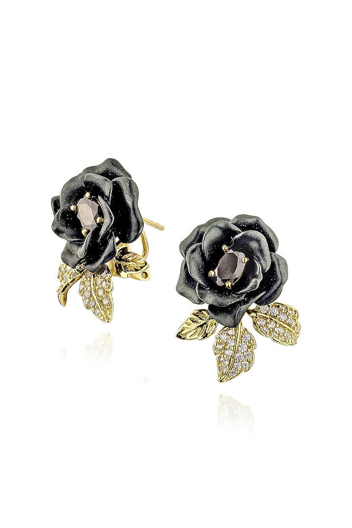Gold Finish Cubic Zirconia & Black Stone Floral Stud Earrings In Sterling Silver by MISS JO at Pernia's Pop Up Shop