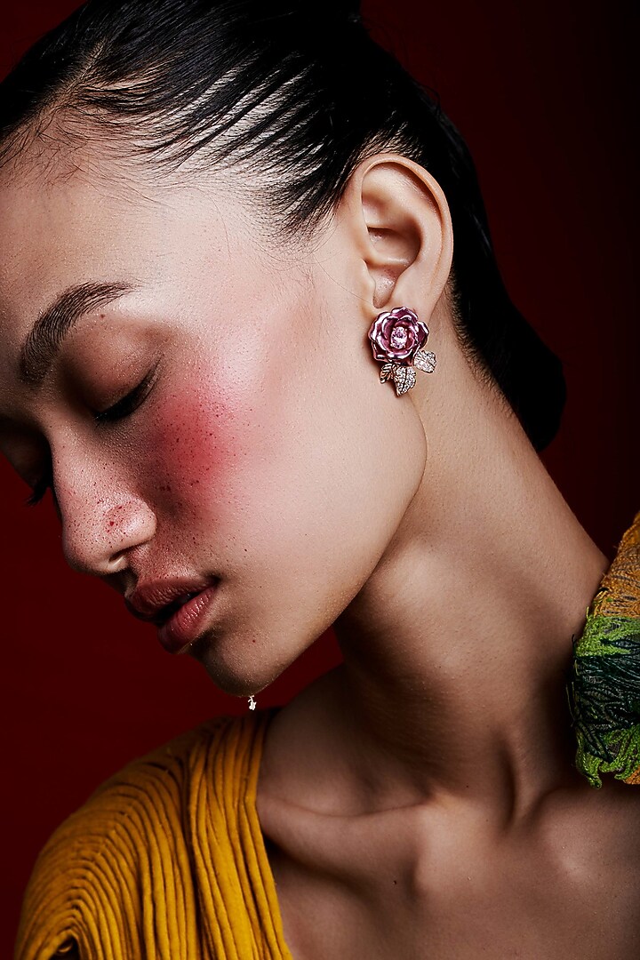 Rose Gold Finish Cubic Zirconia & Pink Stone Floral Stud Earrings In Sterling Silver by MISS JO at Pernia's Pop Up Shop