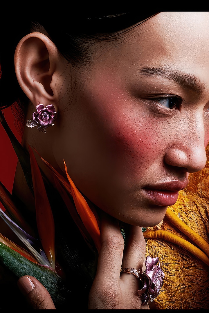 Rose Gold Finish Cubic Zirconia & Pink Stone Floral Stud Earrings In Sterling Silver by MISS JO at Pernia's Pop Up Shop