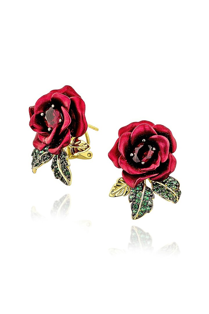 Gold Finish Cubic Zirconia & Red Stone Floral Stud Earrings In Sterling Silver by MISS JO at Pernia's Pop Up Shop