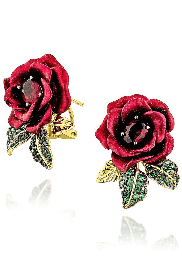 Gold Finish Cubic Zirconia & Red Stone Floral Stud Earrings In Sterling Silver by MISS JO at Pernia's Pop Up Shop