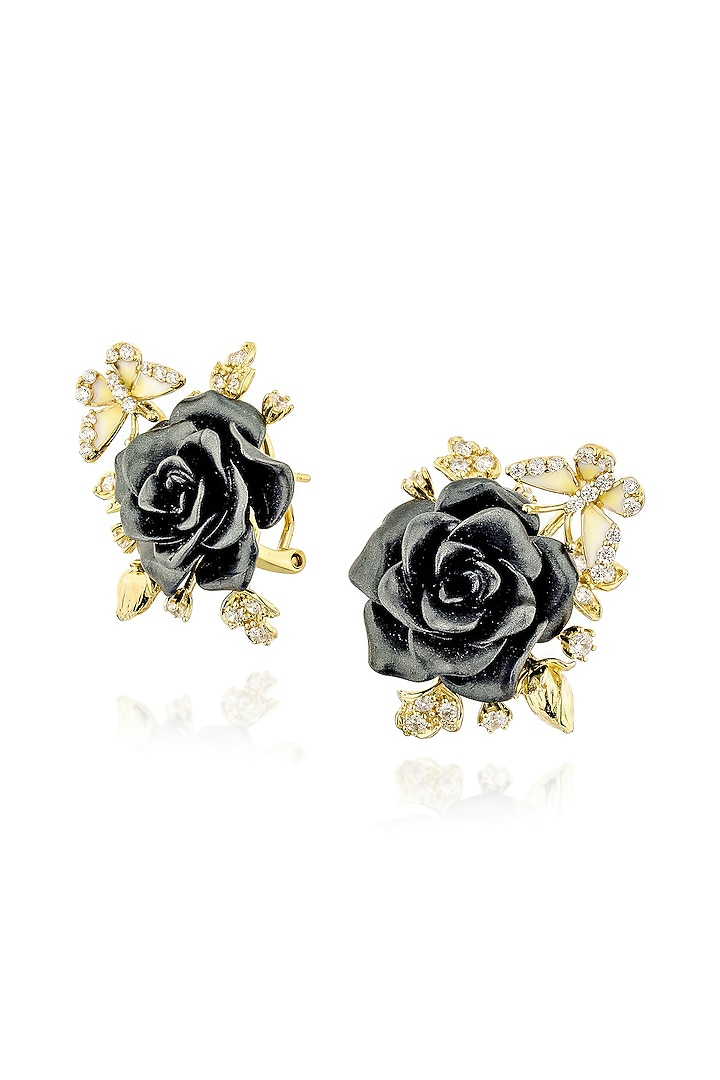 Gold Finish Cubic Zirconia & Black Stone Floral Stud Earrings In Sterling Silver by MISS JO at Pernia's Pop Up Shop