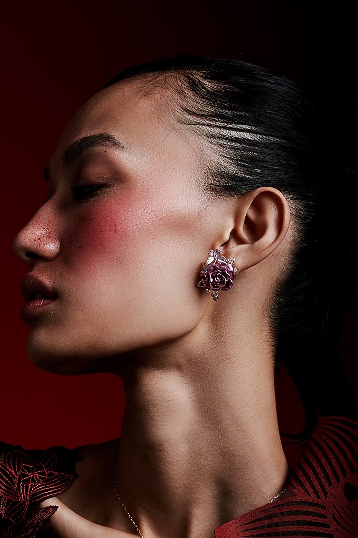 Rose Gold Finish Cubic Zirconia & Pink Stone Floral Stud Earrings In Sterling Silver by MISS JO at Pernia's Pop Up Shop