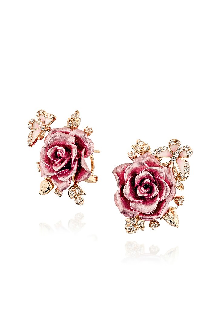 Rose Gold Finish Cubic Zirconia & Pink Stone Floral Stud Earrings In Sterling Silver by MISS JO at Pernia's Pop Up Shop