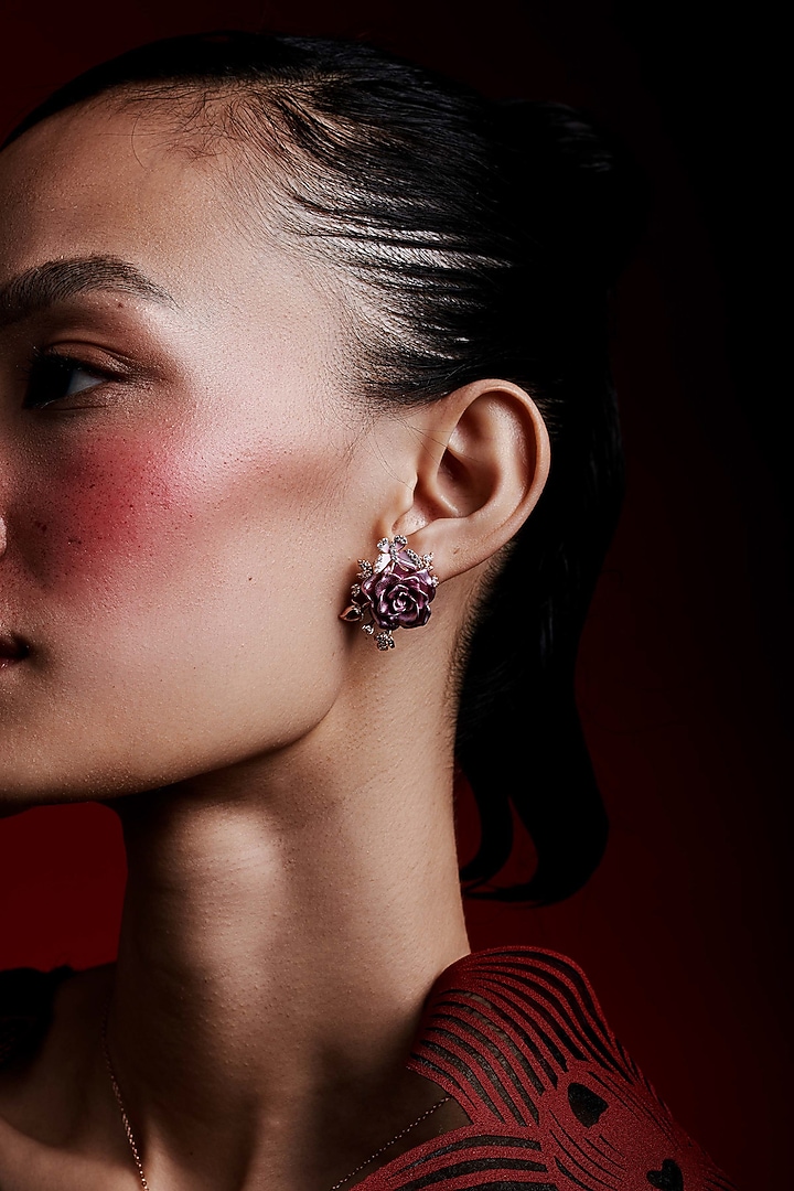 Rose Gold Finish Cubic Zirconia & Pink Stone Floral Stud Earrings In Sterling Silver by MISS JO at Pernia's Pop Up Shop