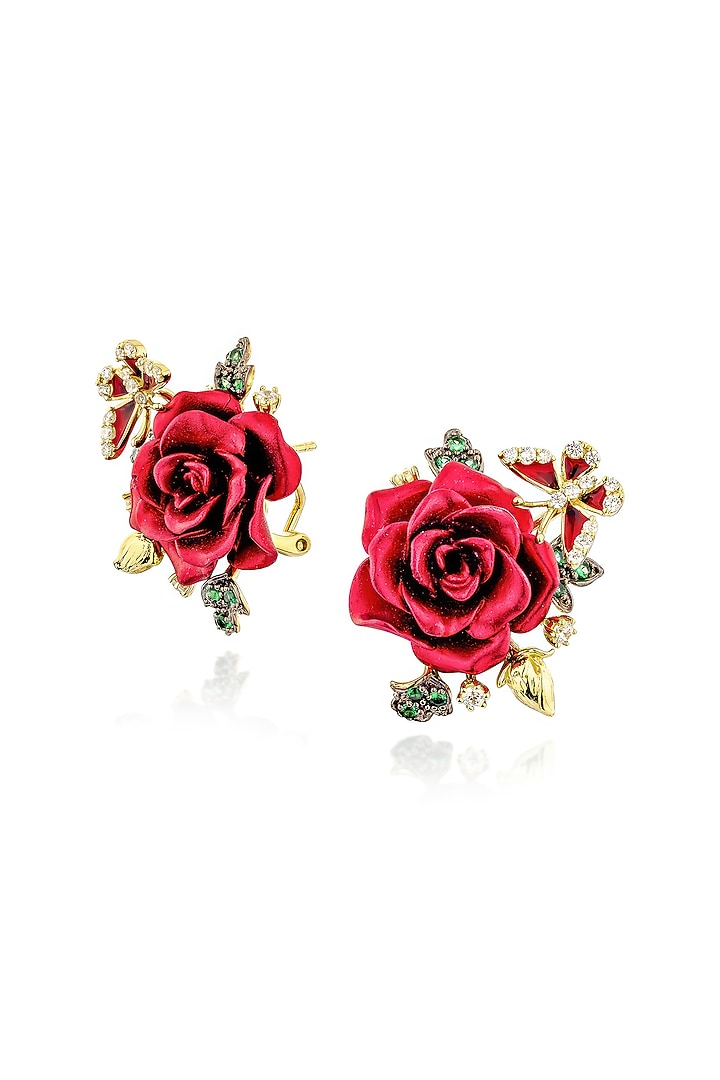 Rose Gold Finish Cubic Zirconia & Red Stone Floral Stud Earrings In Sterling Silver by MISS JO at Pernia's Pop Up Shop