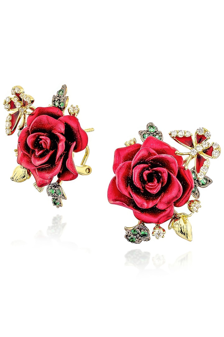Rose Gold Finish Cubic Zirconia & Red Stone Floral Stud Earrings In Sterling Silver by MISS JO at Pernia's Pop Up Shop