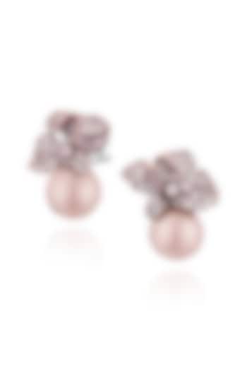 White Rhodium Finish Cubic Zirconia & Pink Stone Stud Earrings In Sterling Silver by MISS JO at Pernia's Pop Up Shop