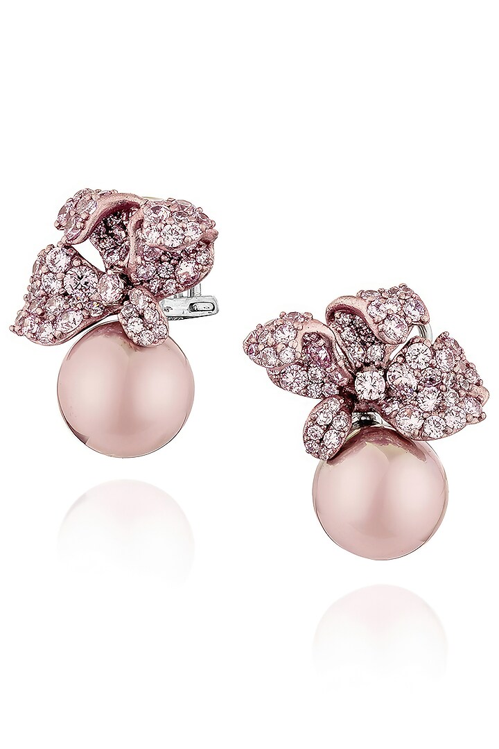 White Rhodium Finish Cubic Zirconia & Pink Stone Stud Earrings In Sterling Silver by MISS JO at Pernia's Pop Up Shop