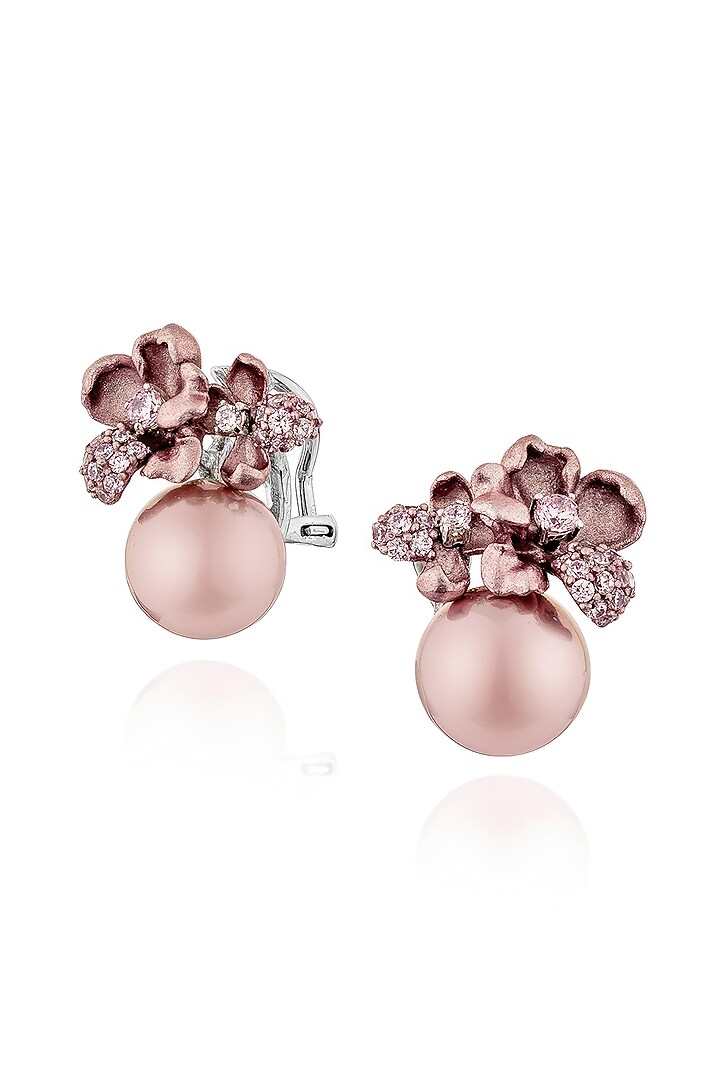 White Rhodium Finish Cubic Zirconia & Pink Stone Floral Stud Earrings In Sterling Silver by MISS JO at Pernia's Pop Up Shop