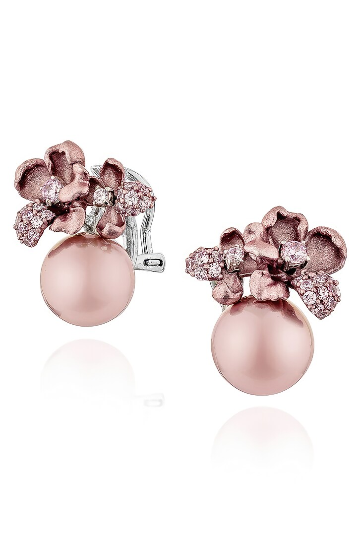 White Rhodium Finish Cubic Zirconia & Pink Stone Floral Stud Earrings In Sterling Silver by MISS JO at Pernia's Pop Up Shop