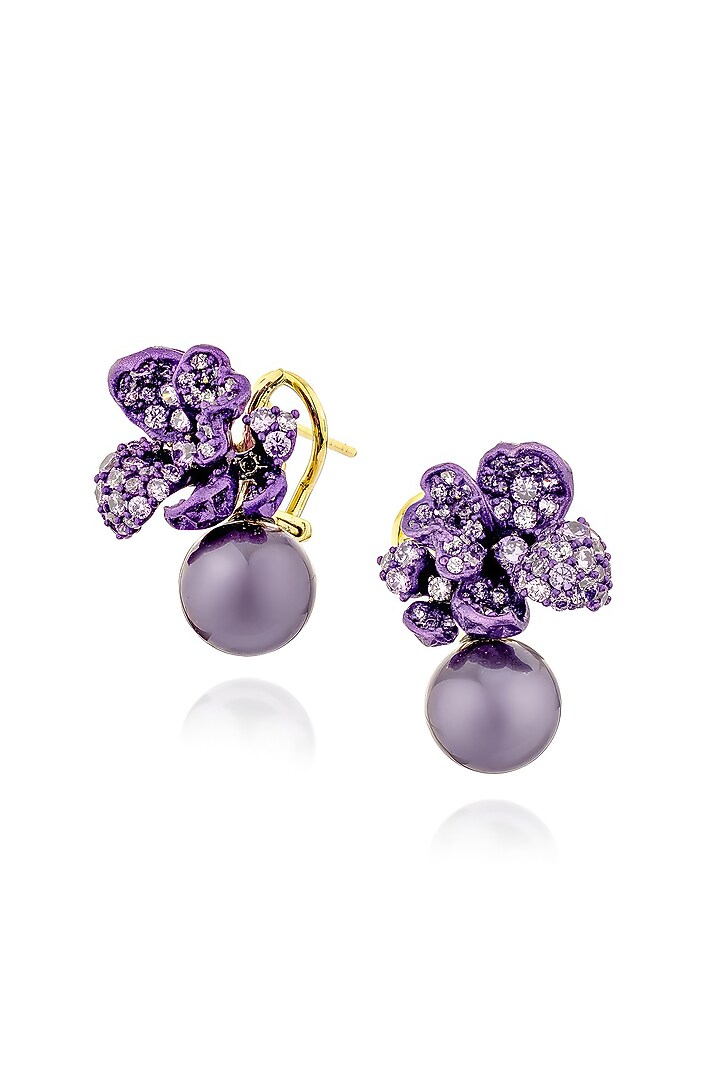 Gold Finish Cubic Zirconia & Purple Stone Floral Stud Earrings In Sterling Silver by MISS JO at Pernia's Pop Up Shop