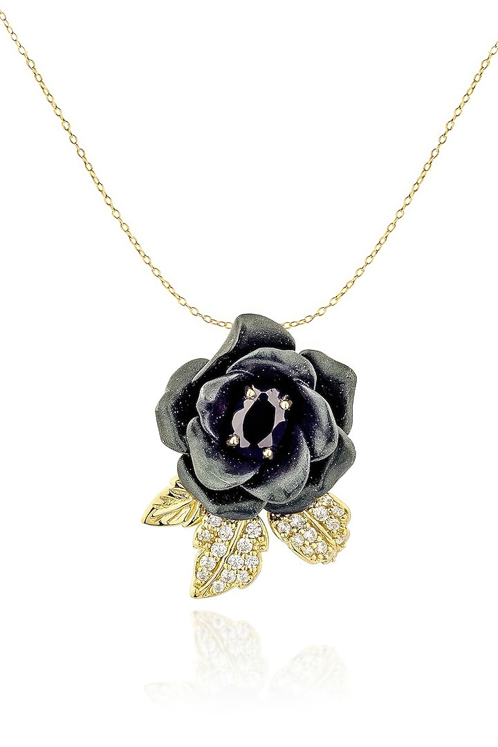 Gold Finish Cubic Zirconia Crystal & Black Stone Floral Pendant Chain Necklace In Sterling Silver by MISS JO at Pernia's Pop Up Shop