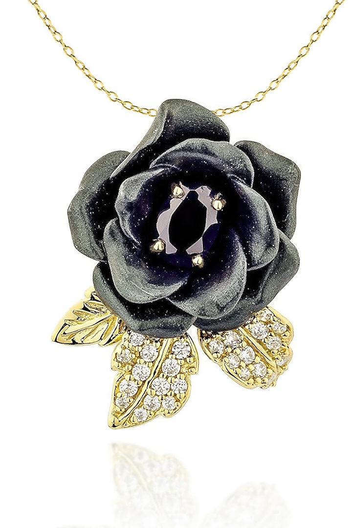 Gold Finish Cubic Zirconia Crystal & Black Stone Floral Pendant Chain Necklace In Sterling Silver by MISS JO at Pernia's Pop Up Shop