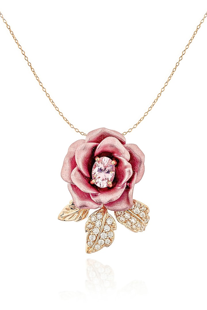 Rose Gold Finish Cubic Zirconia Crystal & Pink Stone Floral Pendant Chain Necklace In Sterling Silver by MISS JO at Pernia's Pop Up Shop