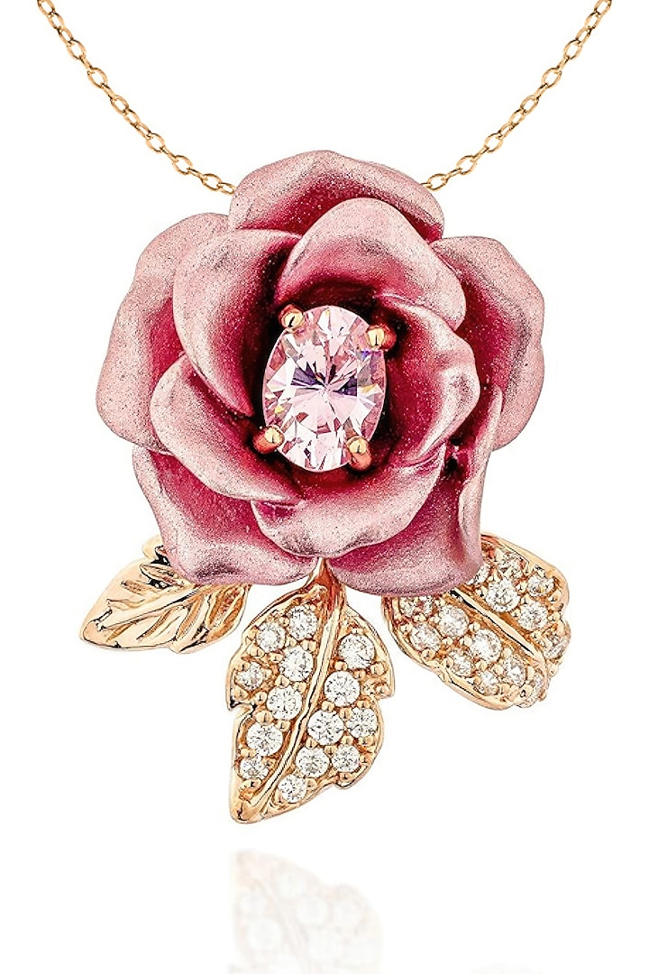 Rose Gold Finish Cubic Zirconia Crystal & Pink Stone Floral Pendant Chain Necklace In Sterling Silver by MISS JO at Pernia's Pop Up Shop