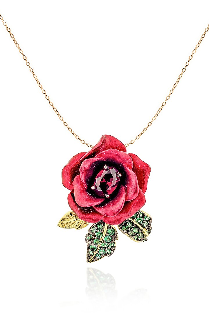 Gold Finish Cubic Zirconia Crystal & Red Stone Floral Pendant Chain Necklace In Sterling Silver by MISS JO at Pernia's Pop Up Shop