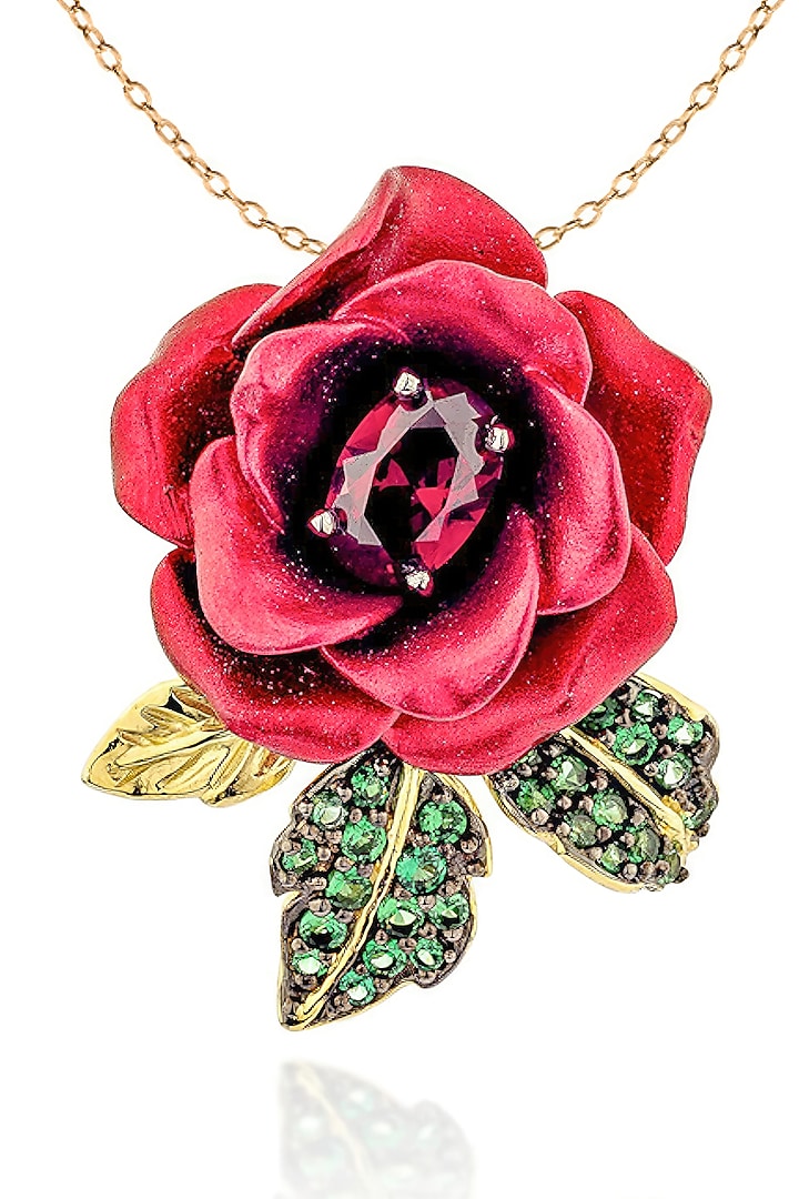Gold Finish Cubic Zirconia Crystal & Red Stone Floral Pendant Chain Necklace In Sterling Silver by MISS JO at Pernia's Pop Up Shop
